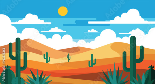 Flat illustration of desert landscape with cacti, dunes, and clouds