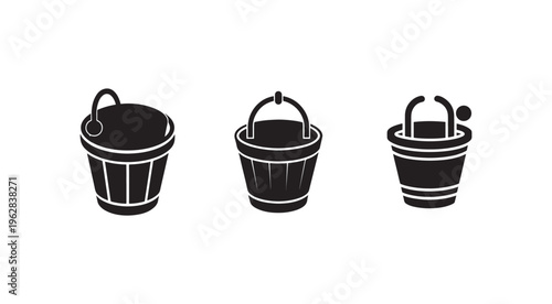 Three black bucket icons with different handles on white background for design and illustration