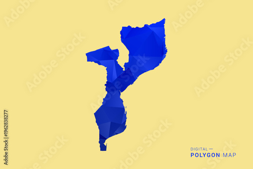 Mozambique Map - Low poly polygon map in deep blue gradient on soft beige background, modern minimal geometric design, clean abstract vector illustration with faceted triangulated style.