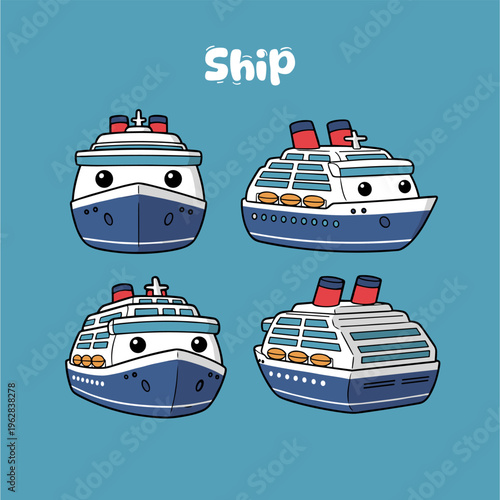cute cruise ship mascot four images blue red white