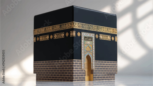 The Kaaba a cube shaped building in Mecca with gold decorations and a door