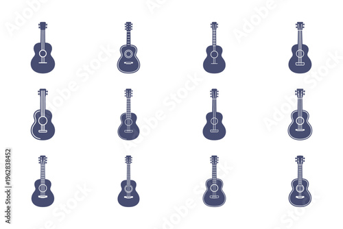 Set of navy blue acoustic guitar icons on white background