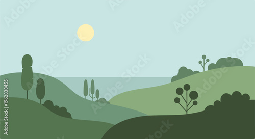 Minimalist illustration of a landscape with rolling hills and a sun