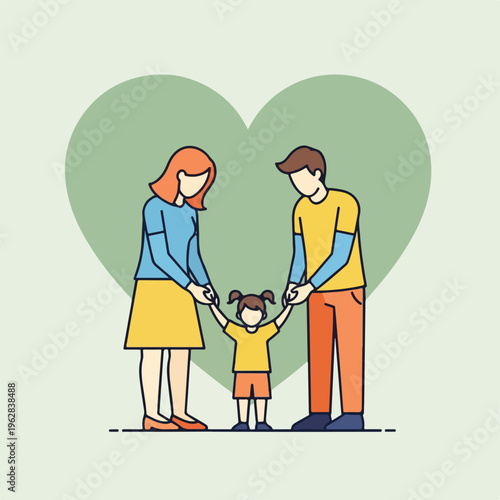 Illustration of a family with a heart background, holding hands