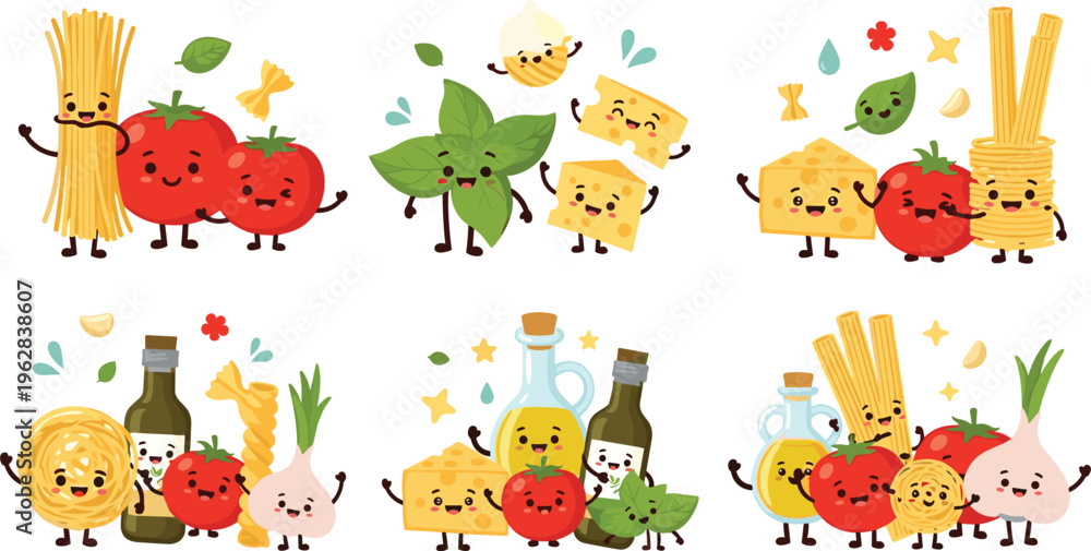 Fototapeta premium Cute Italian food characters vector set with pasta, tomato, cheese and olive oil, funny cartoon ingredients, cooking illustration collection