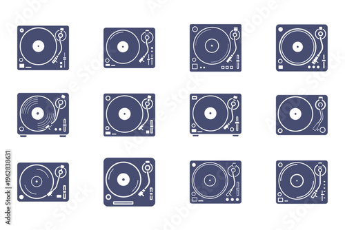 collection of vinyl record players, dj equipment, turntables