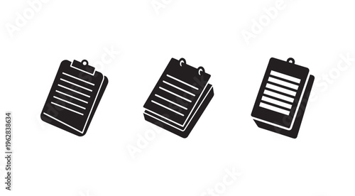 Three black clipboard icons with paper on white background  office supply  stationery  paperwork  documents  checklist  to do list  notes  reminders