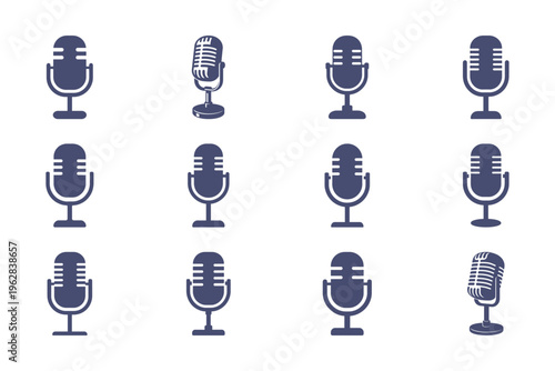 Set of vintage and modern microphone icons on white background