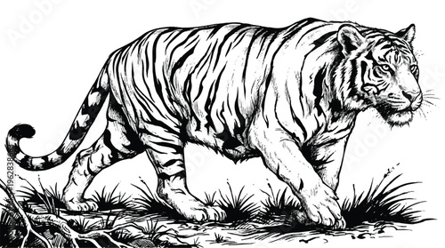tiger walking on grass and roots in forest habitat