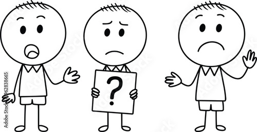 Confused worried and surprised cartoon stick figure characters expressing emotions, question concept, uncertainty problem reaction illustration set isolated