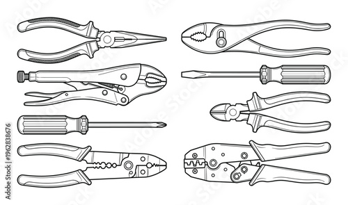 Assorted pliers and screwdrivers on a transparent background vector art