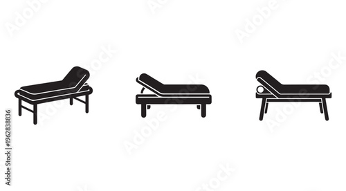 Three black chaise lounge silhouettes in different positions  reclined and adjustable  for interior design and furniture concepts