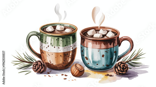Two colorful mugs with hot chocolate and marshmallows and pine cones