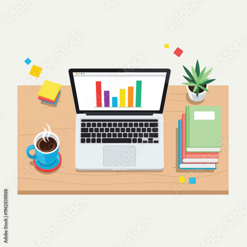 Flat illustration of desk with computer, coffee, plant, and books