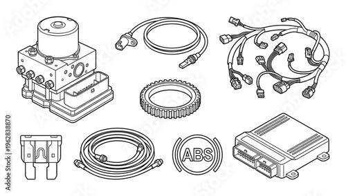 Automotive braking system abs components wiring and electronic control unit set vector illustration