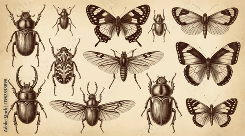 Vintage illustration of various beetles and butterflies on beige background