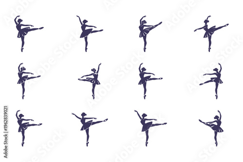 Ballet Dancers in Silhouette Performing Various Poses on White Background