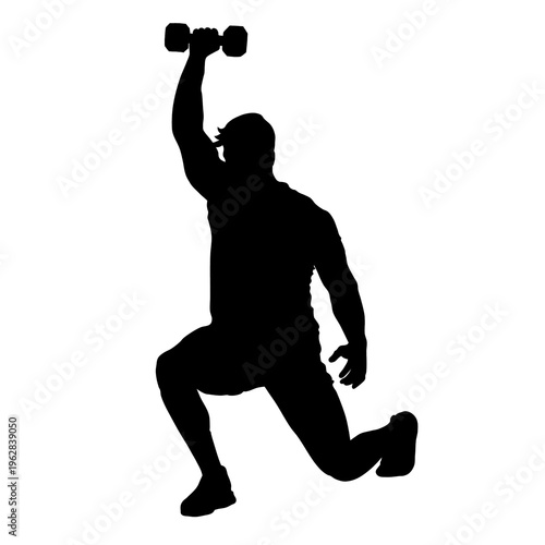 A silhouette of a person performing a lunge exercise with a dumbbell raised overhead.