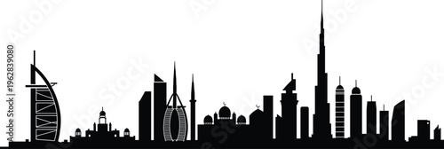 Dubai skyline silhouette with famous landmarks, modern city architecture panorama, travel tourism vector illustration design