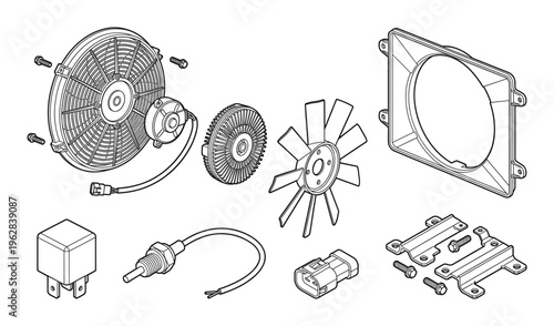 Automotive cooling fan assembly with electric motor radiator shroud relay and temperature sensors