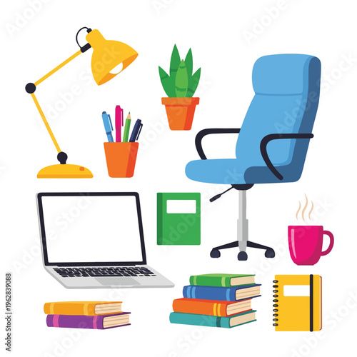 Flat illustration of office items, including a laptop and a mug with steam