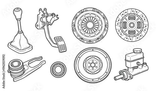 Automotive clutch and transmission components line art, pedal, shifter, and flywheel vector set