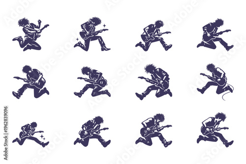 Dynamic Silhouette of Guitarist in Action Poses, Capturing Energetic Rock Performance