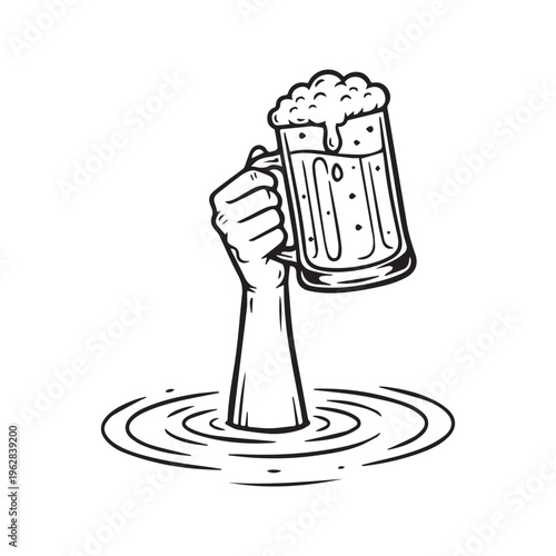 Hand Holding Beer Mug Emerging from Water Funny Doodle Line Art Illustration
