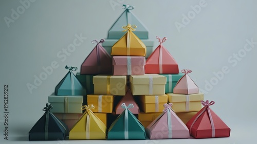 Gift boxes arranged in pyramid shape .