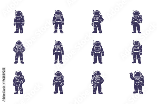 Collection of diverse cartoon astronaut characters in various poses, featuring flat design space explorers on a clean white background.