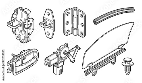 Automotive door components line art, latch, handle, window, and hinge vector set isolated