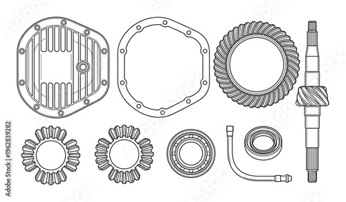 Automotive differential assembly line art, gear and axle part vector illustration set isolated