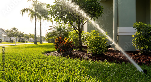 A high-efficiency garden sprinkler sprays a steady stream of water across a lush green lawn during a sunny morning