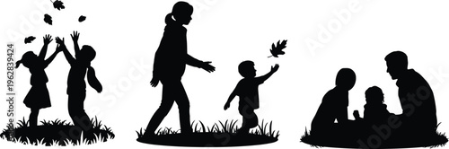 Family outdoor activities silhouettes, parents and children playing together, happy family moments, kids playing in park, parenting lifestyle