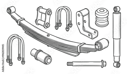 Automotive leaf spring suspension parts kit with shock absorber u bolts and rubber bushings vector