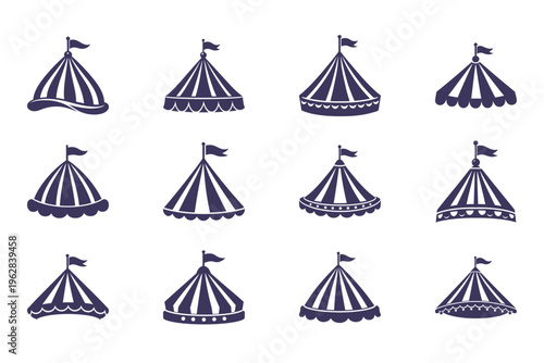 Various Circus Tent Flat Icons with Flags Isolated on White Background