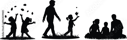 Family outdoor moments silhouettes, father walking with children, kids playing with autumn leaves, happy parenting lifestyle scene