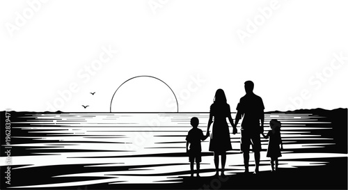 Family standing together on a beach watches the sunset over the horizon while enjoying a peaceful evening moment, capturing the emotional connection and silhouette of parents and two children.