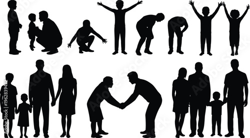 Family interaction silhouettes collection, parents and children activities, greeting and respect gestures, family relationships, parenting lifestyle vector