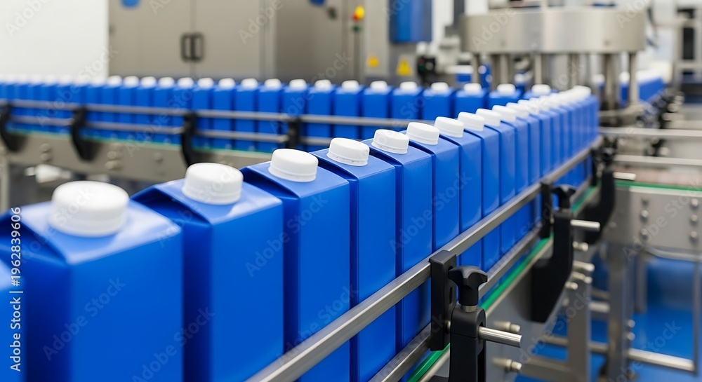 Fototapeta premium Blue Milk Cartons on Conveyor Belt in a Factory.