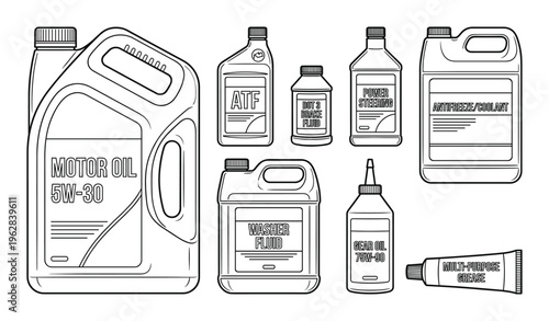 Automotive liquids set outline vector illustration. car service motor oil atf brake power steering