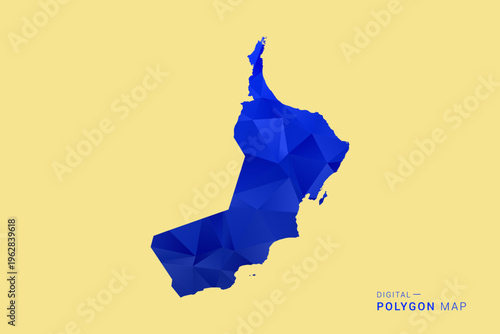 Oman Map - Low poly polygon map in deep blue gradient on soft beige background, modern minimal geometric design, clean abstract vector illustration with faceted triangulated style.
