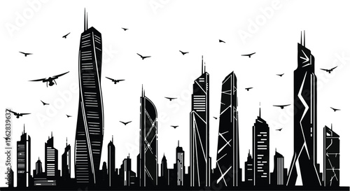 Skyscrapers form a modern urban skyline silhouette featuring tall architectural structures and various birds flying across the clear sky, creating a dramatic black and white artistic composition.