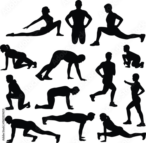 Fitness workout silhouettes collection, bodyweight training exercises, men and women doing lunges push ups running, sport workout vector