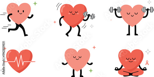Healthy heart characters vector set with fitness, running, meditation and cardiology symbols, wellness and active lifestyle illustration collection
