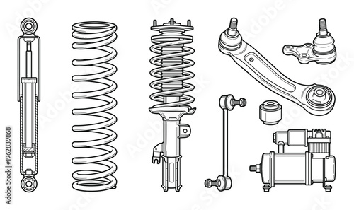 Automotive suspension and chassis parts including shock absorbers springs and control arms drawings