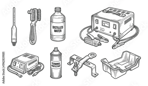 Battery maintenance tools set hydrometer brush distilled water terminal protectant charger