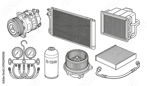 Car air conditioning system components collection vector
