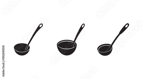 Three black frying pans with handles in different angles on white background  kitchen cookware