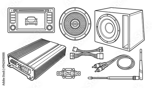 Car audio system parts outline vector illustration. head unit speaker subwoofer amplifier wiring kit